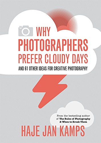 "Book cover with white clouds, red lightning, and title 'Why Photographers Prefer Cloudy Days'."