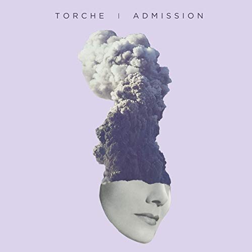 Album cover with a face and volcanic eruption on a purple background.
