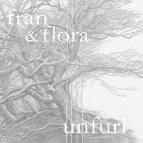 A grayscale album cover with a tree illustration and white text overlay, featuring "fran & flora unfurl".