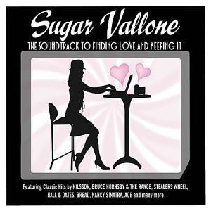 CD album cover: silhouette of woman at desk with laptop and hearts on a pink background.