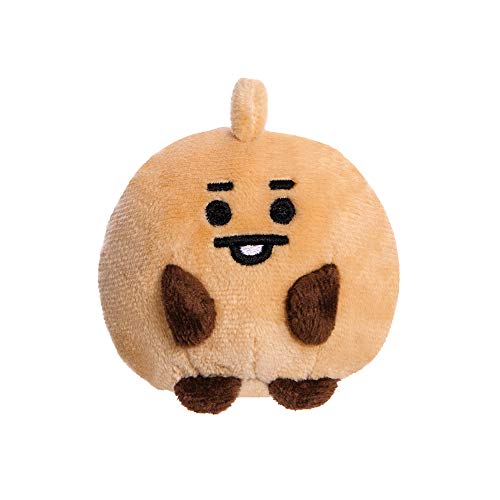 A round, light brown plush toy with a smiling face and brown patches.