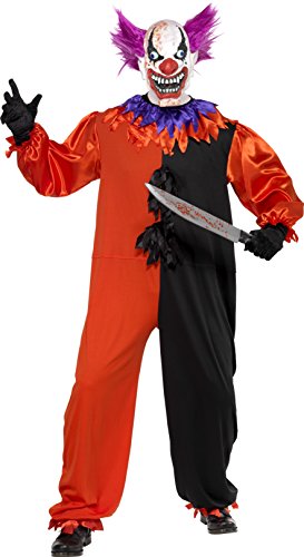 "Man wearing a black and orange clown costume, holding a knife, with a white mask."