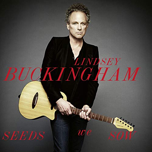 Lindsey Buckingham holding a guitar, album cover with red text on a gray background.