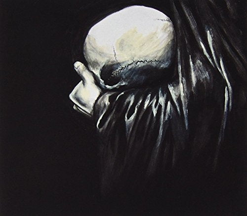 "Album cover featuring a skull with a black hood against a black background."