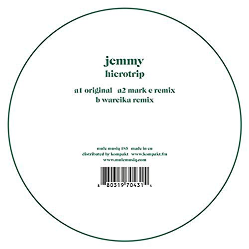 White vinyl record label with green text and barcode on a white background.