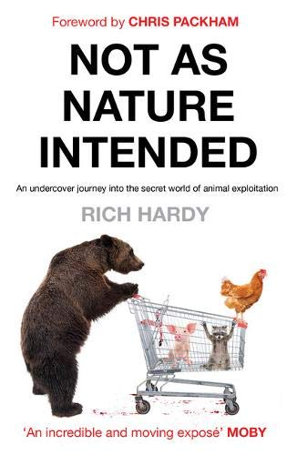 "Book cover with a bear pushing a shopping cart containing a cat and a chicken."