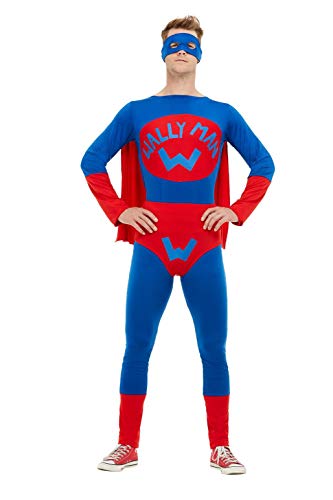 Man dressed as Wallyman superhero, blue and red costume, mask, and red cape.