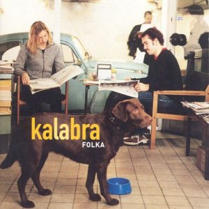 Brown dog in a café with two people, album cover "Kalabra - Folka".