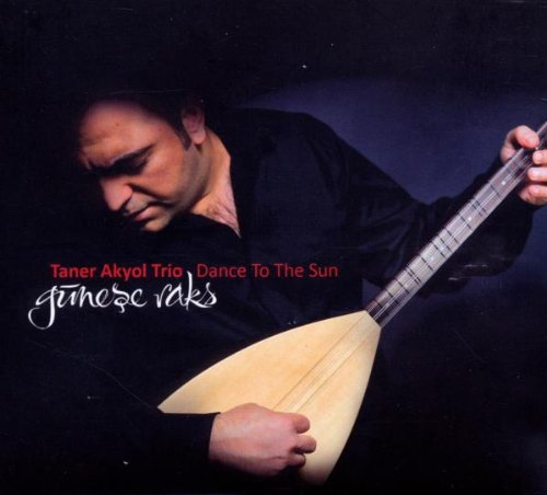 Man in black shirt plays stringed instrument on dark background with text overlay.