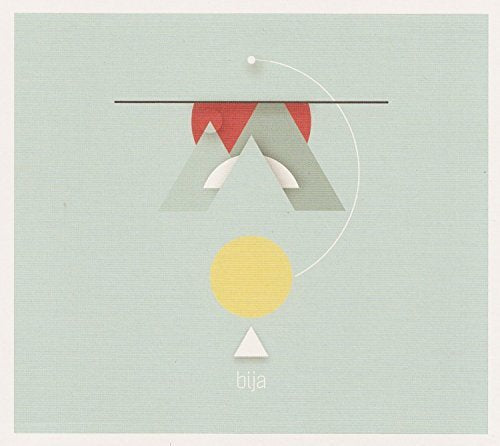 "Album cover art with abstract mountain design, yellow circle, and 'bija' text on light green background."