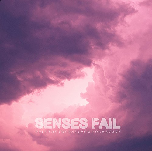 Pink cloudy sky with text "Senses Fail - Pull The Thorns From Your Heart".