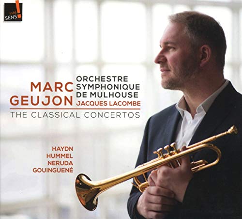 A man holding a trumpet, classical music CD cover with text and logo.