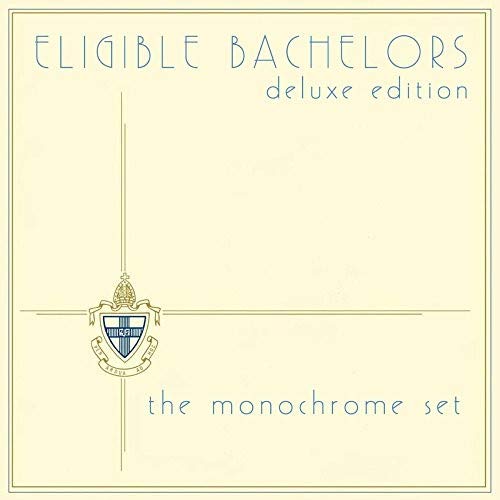 Cream-colored album cover with blue text and gold emblem, featuring "Eligible Bachelors" and "The Monochrome Set".