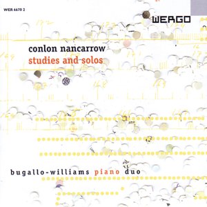 "CD cover for Conlon Nancarrow's 'Studies and Solos' with abstract musical notes design."