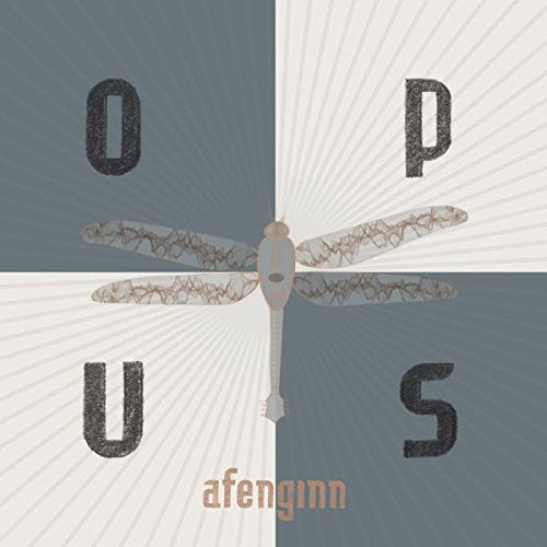 "Album cover with a dragonfly and the text 'opus' and 'afenginn' on a grey background."