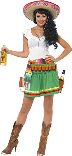 Woman in a colourful Mexican-themed costume, holding a bottle of alcohol, against a white background.