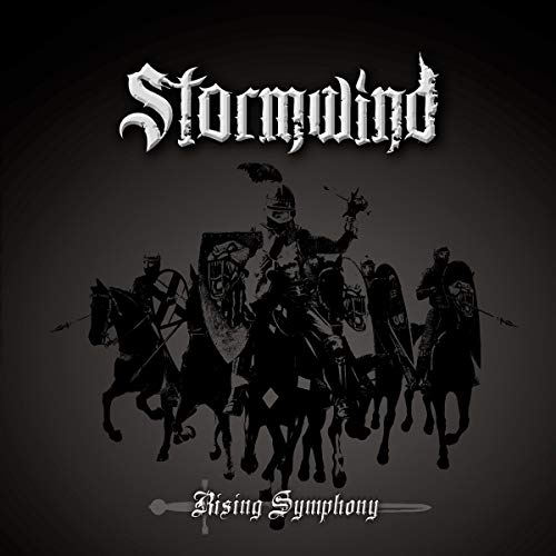"Black vinyl album cover with medieval knights on horseback and 'Stormwind Rising Symphony' text."