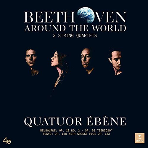 "Album cover with four musicians and 'Beethoven Around the World' title on dark background."