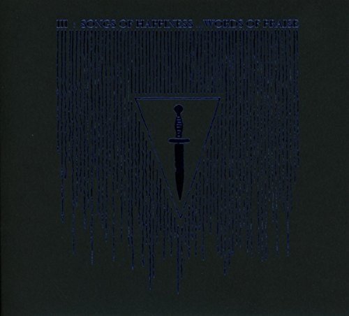 "Black album cover with blue dagger in triangle and vertical lines, text at top."