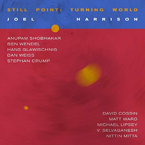"Album cover with red and blue background, featuring artist Joel Harrison and collaborating musicians' names."