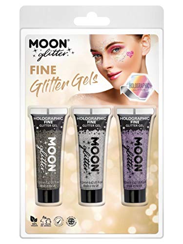 "Three tubes of holographic fine glitter gel in packaging with a woman's face."