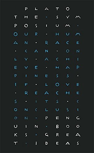 "Book cover with 'Plato The Symposium' text in white and blue on black background."