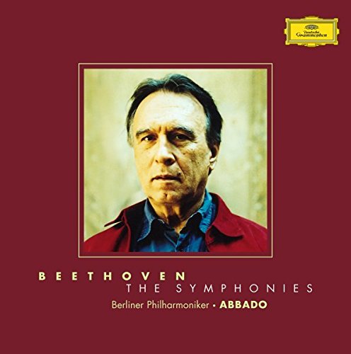 Red album cover featuring Claudio Abbado with Beethoven's symphonies and Berliner Philharmoniker text.
