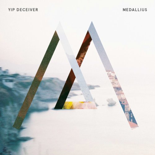 The image is an album cover with a blurry landscape and a large, three-dimensional "M".