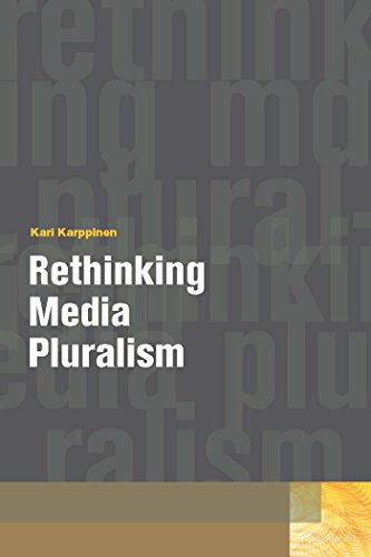 "Book cover with dark background, white title 'Rethinking Media Pluralism' and author's name in yellow."