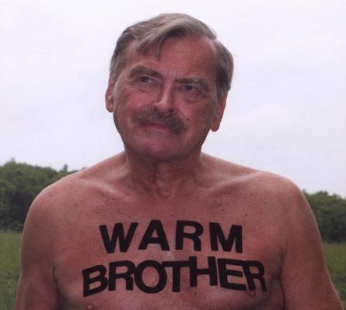 "Album cover featuring a shirtless older man with 'WARM BROTHER' text on his chest."