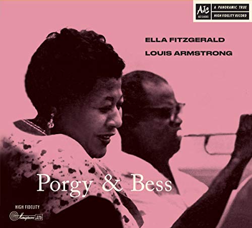 Pink album cover with Ella Fitzgerald and Louis Armstrong in black and white.