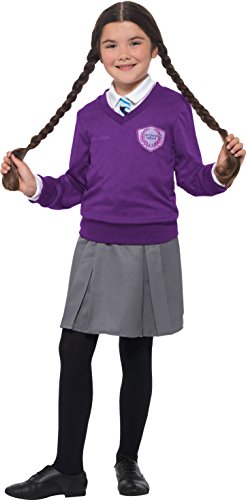 Young girl wearing a purple school jumper, grey skirt, and holding her braided pigtails.