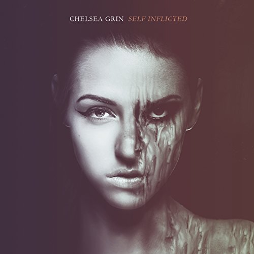 "Album cover with a woman's face, half normal, half distorted and damaged."