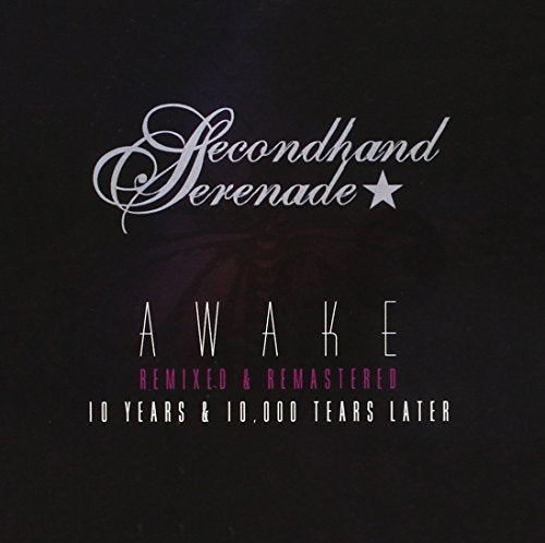 "CD cover with 'Secondhand Serenade' and 'Awake' text, purple background, and butterfly design."