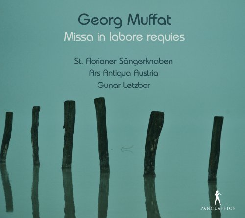 CD cover with teal background, wooden posts, and white text "Georg Muffat Missa in labore requies".