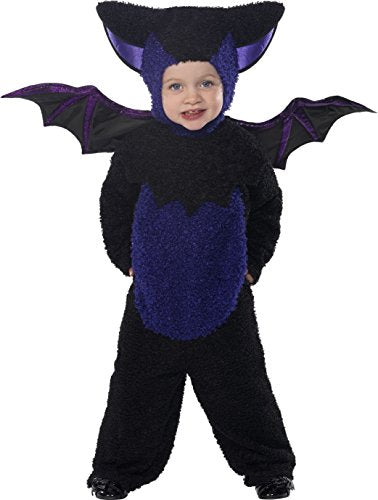 "Toddler in a black and purple bat costume with attached wings and hood."