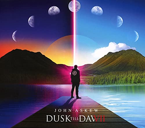 "Album cover art: Man on dock with beam of light, mountains, and moon phases."