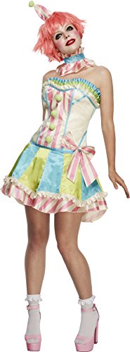 Woman wearing a pastel clown costume, including a corset, skirt, hat, and high heels.