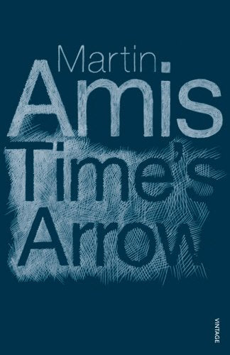 "Book cover featuring an hourglass with flowing sand, titled 'Time's Arrow' by Martin Amis."
