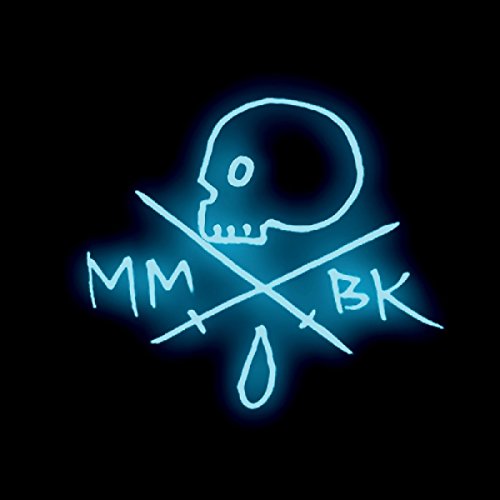 Glowing blue skull and crossed knives with "MM" and "BK" on a black background.