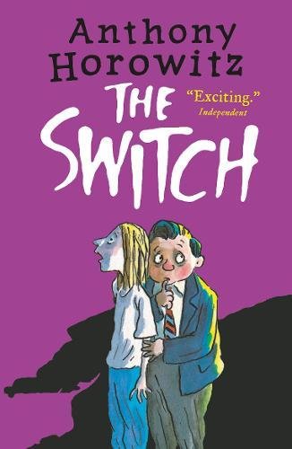 The image depicts a cartoon man and woman with switched heads on a purple book cover.