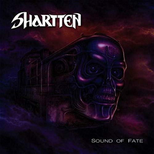 The image depicts a CD cover featuring a dark, metallic skull with intricate designs against a cloudy background. Alt text: "CD cover with metallic skull and cloudy background."