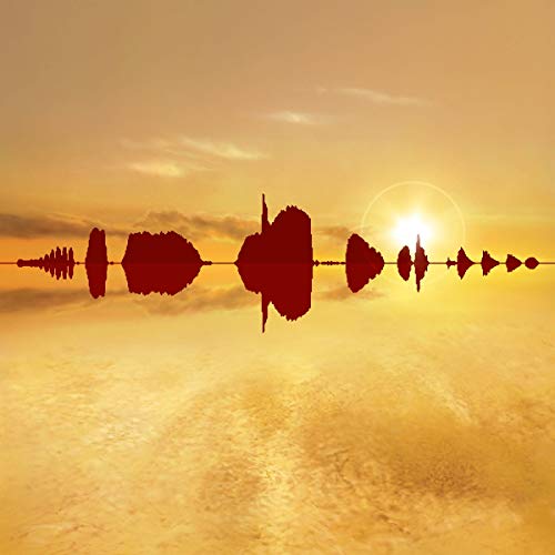 A red sound wave graphic against a sunset background with orange clouds and a bright sun.