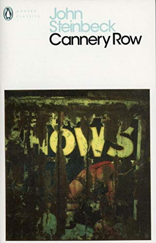 "Cannery Row" book cover with author's name, title, and abstract image of a building.