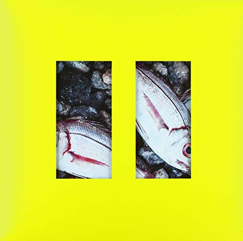 "Vinyl record cover featuring two images of fish on rocks against a yellow background."