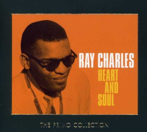 "Ray Charles album cover with orange background, black border, and Amazon logo overlay."