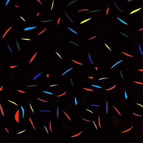 The image depicts a black background with multicolored confetti pieces. Alt text: Black background with scattered red, blue, yellow, and green confetti.