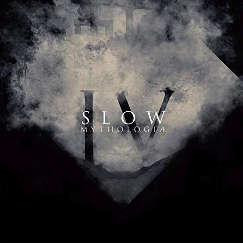 The image shows a dark, cloudy album cover with white text. For accessibility purposes, a suitable alt text could be: "Dark album cover with 'Slow - IV-Mythologiae' text in white."