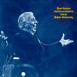 Stan Kenton conducting, gesturing with arms outstretched, on a blue-toned album cover.