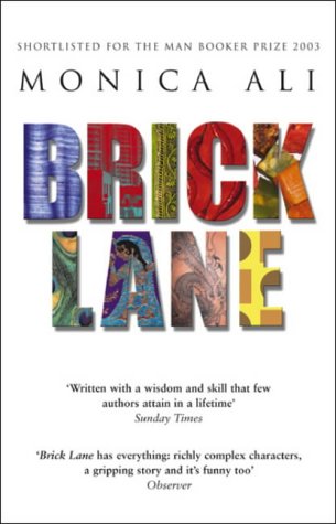"Book cover of 'Brick Lane' by Monica Ali, with multicolored title letters on white."